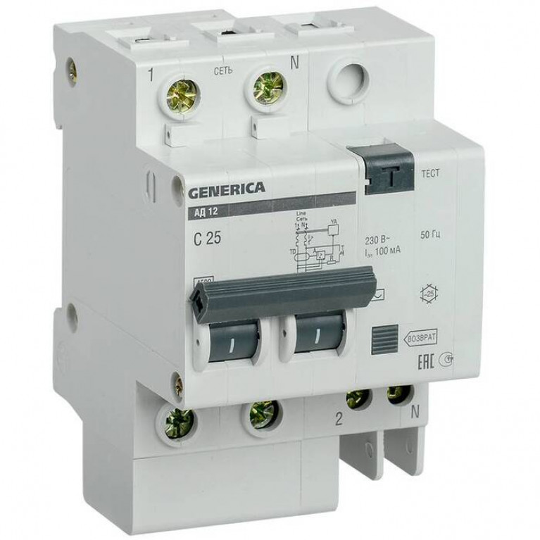 Дифавтомат IEK GENERICA 2P 25А ( C ) 4.5 кА, 100 мА ( AC ), MAD15-2-025-C-100