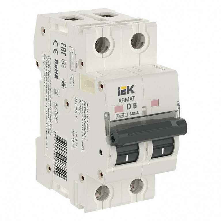 Автоматический выключатель IEK ARMAT 2P 6А (D) 6кА, AR-M06N-2-D006