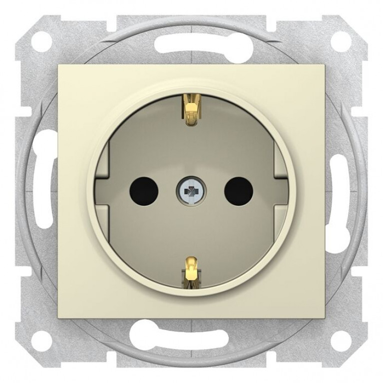 Розетка Schneider Electric SEDNA, скрытый монтаж, с заземлением, со шторками, бежевый, SDN3001747