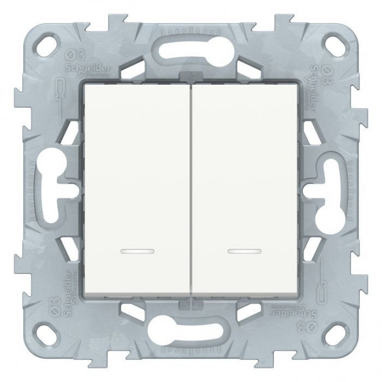 Переключатель 2-клавишный Schneider Electric UNICA NEW, с подсветкой, скрытый монтаж, белый, NU521318N