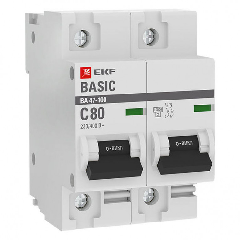 Автоматический выключатель EKF Basic 2P 80А (C) 10кА, mcb47100-2-80C-bas