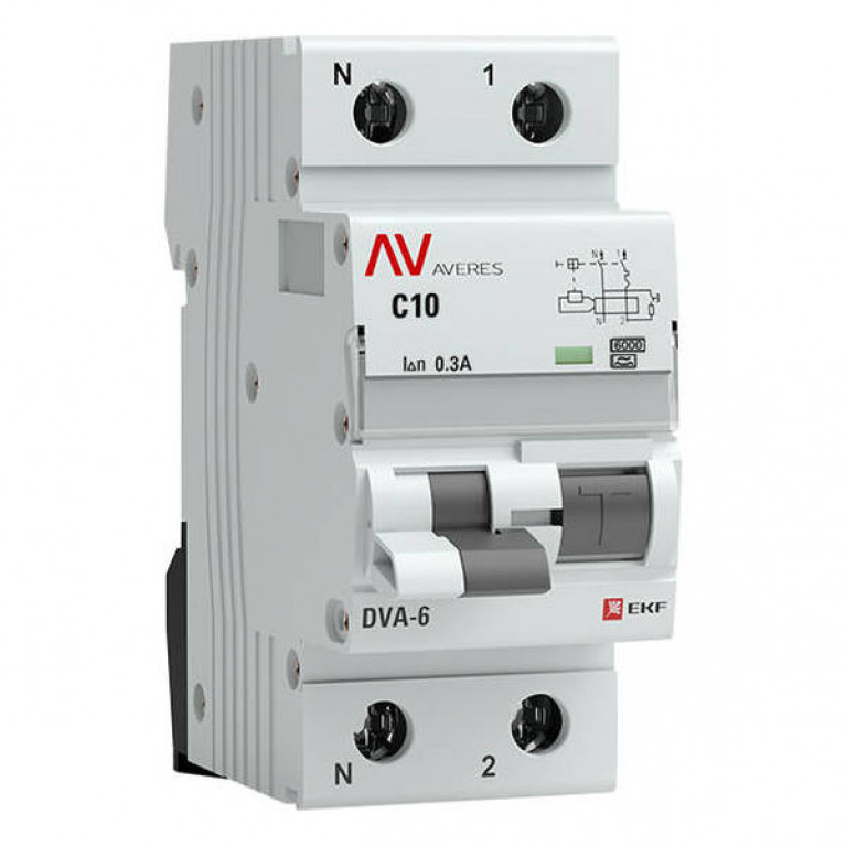 Дифавтомат EKF AVERES 1P+N 10А (C) 6 кА, 300 мА ( A ), rcbo6-1pn-10C-300-a-av