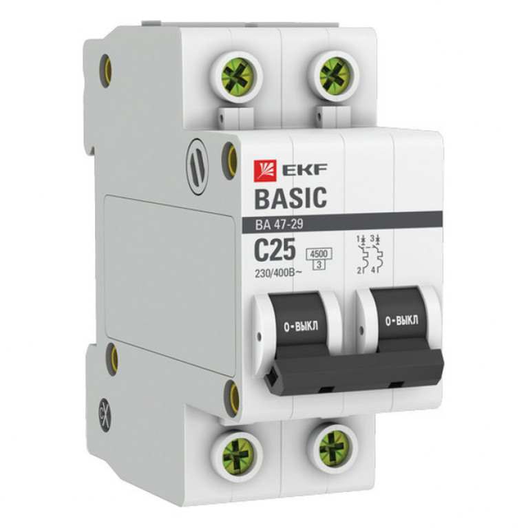 Автоматический выключатель EKF Basic 2P 25А (C) 4.5кА, mcb4729-2-25C