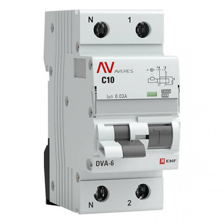 Дифавтомат EKF AVERES 1P+N 10А (C) 6 кА, 30 мА ( A ), rcbo6-1pn-10C-30-a-av