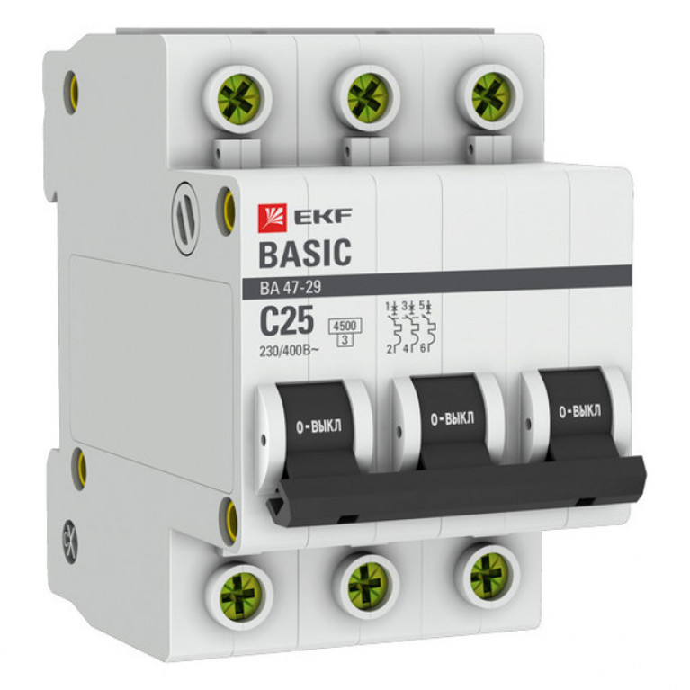 Автоматический выключатель EKF Basic 3P 25А (C) 4.5кА, mcb4729-3-25C