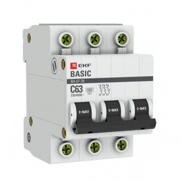 Автоматический выключатель EKF Basic 3P 6А (B) 5кА, mcb4729-3-06-B