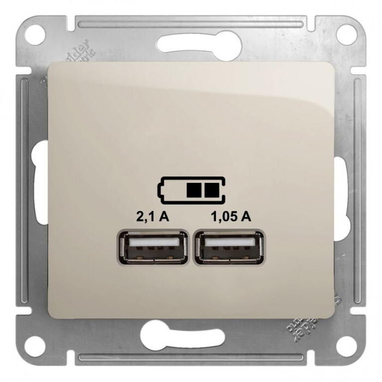 Glossa Розетка  USB, 5В//2100мА, 2х5В//1050мА, молочный