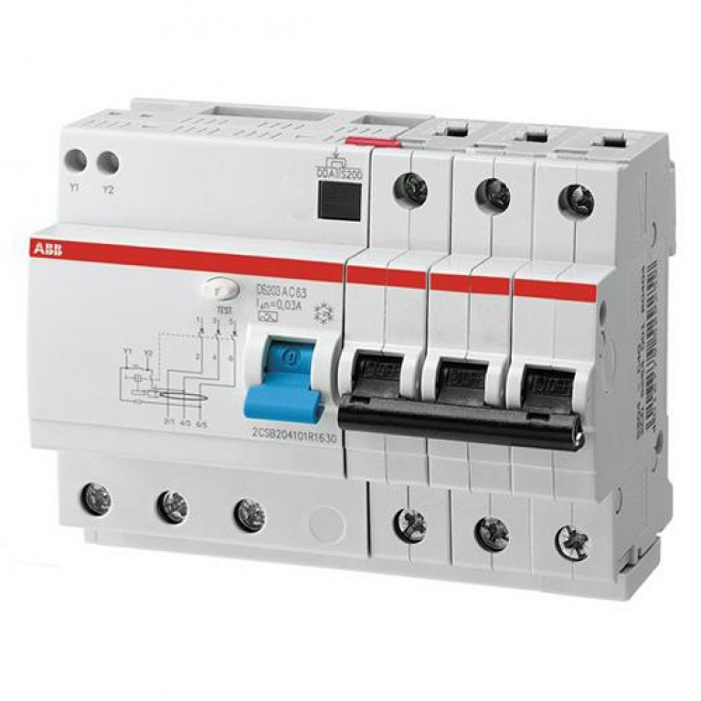 Дифавтомат ABB DS200 3P 63А (C) 6кА 30мА (AC), 2CSR253001R1634