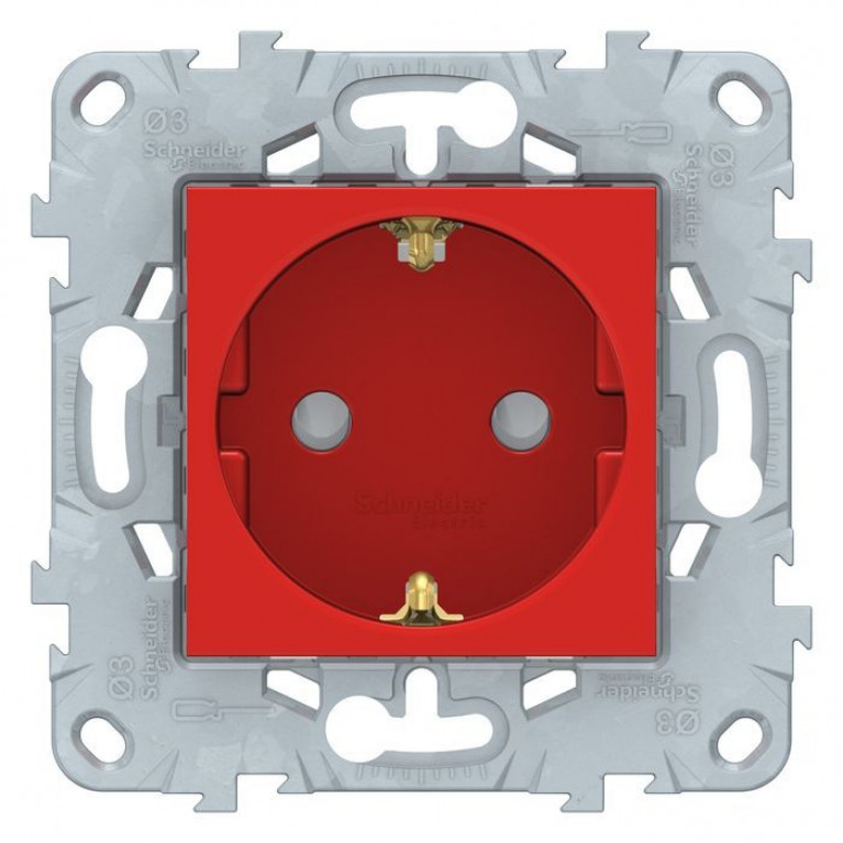 Розетка Schneider Electric UNICA NEW, скрытый монтаж, с заземлением, со шторками, красный, NU503703
