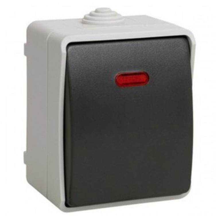Выключатель 1-клавишный IEK ФОРС IP54 с подсветкой, серый//темно-серый, EVS11-K03-10-54-DC