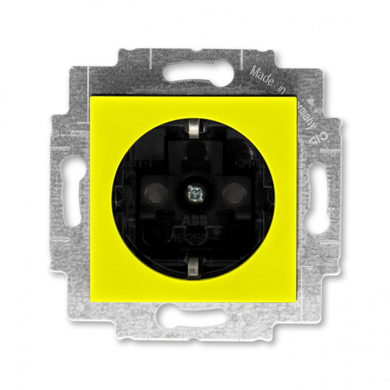 Розетка ABB LEVIT, скрытый монтаж, с заземлением, со шторками, желтый // дымчатый черный, 2CHH203457A6064