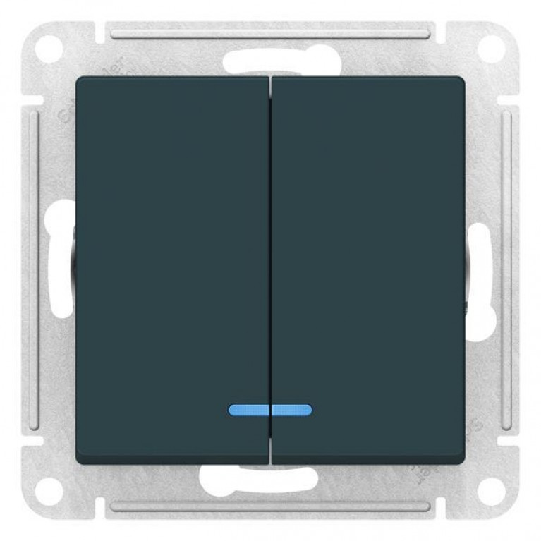 Выключатель 2-клавишный Schneider Electric ATLASDESIGN, с подсветкой, скрытый монтаж, изумруд, ATN000853