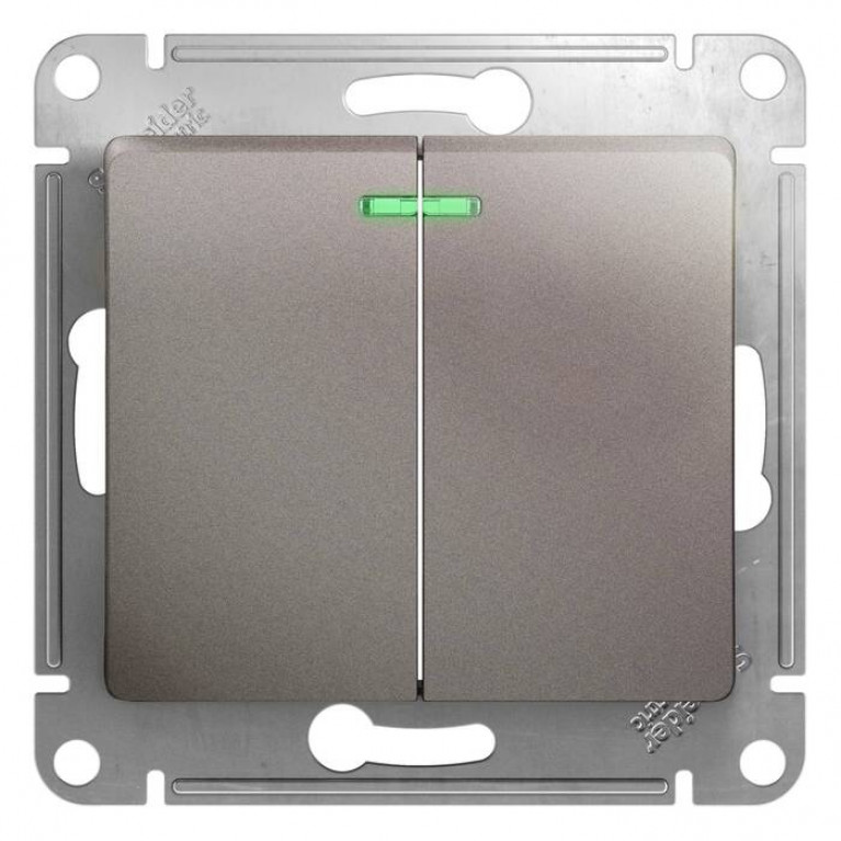 Выключатель 2-клавишный Schneider Electric GLOSSA, с подсветкой, скрытый монтаж, платина, GSL001253
