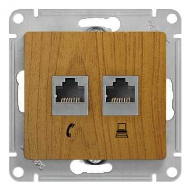 GLOSSA РОЗЕТКА двойная компьютерная RJ45+RJ45, кат.5E, механизм, ДУБ