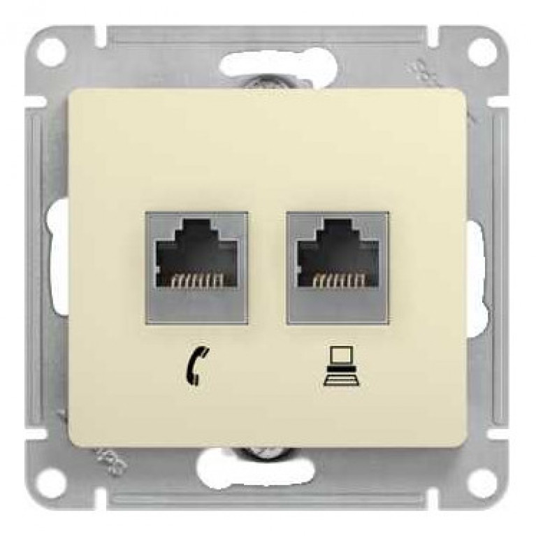 GLOSSA РОЗЕТКА двойная компьютерная RJ45+RJ45, кат.5E, механизм, БЕЖЕВЫЙ